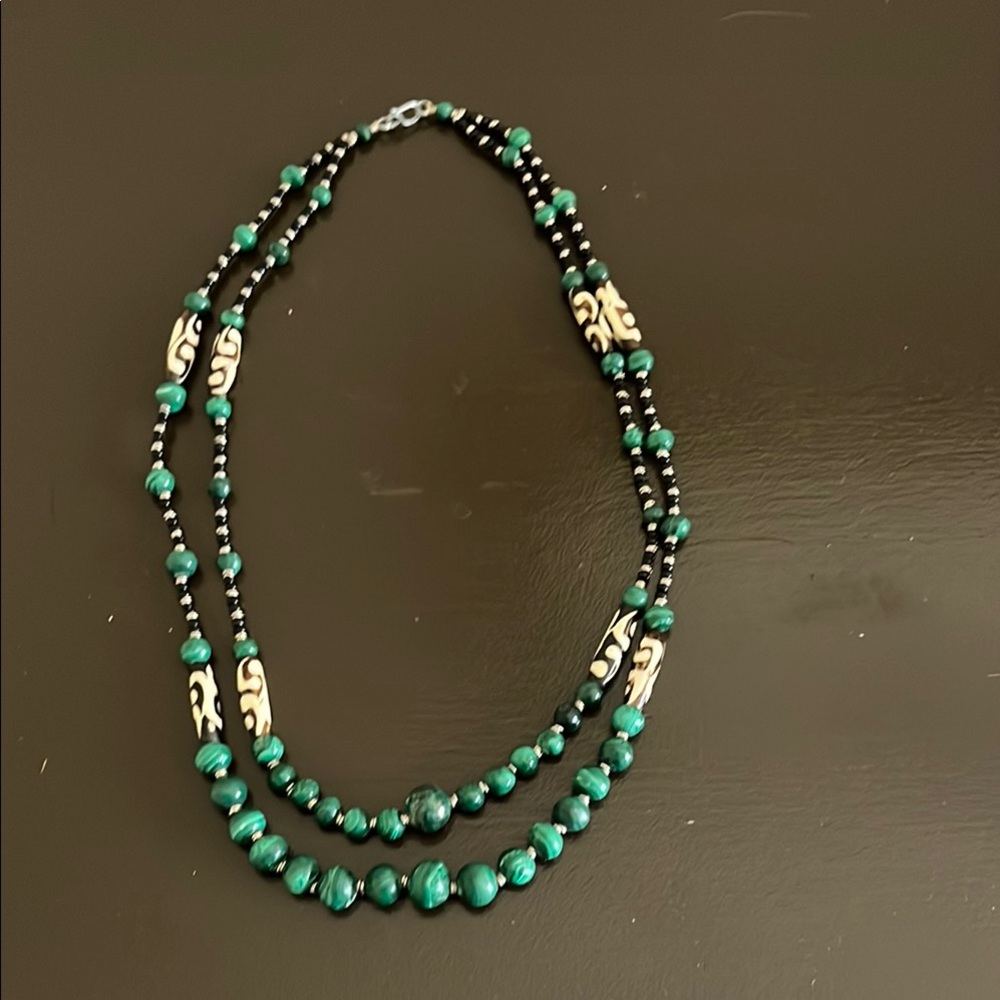 Malachite Necklace with onyx and bone beading